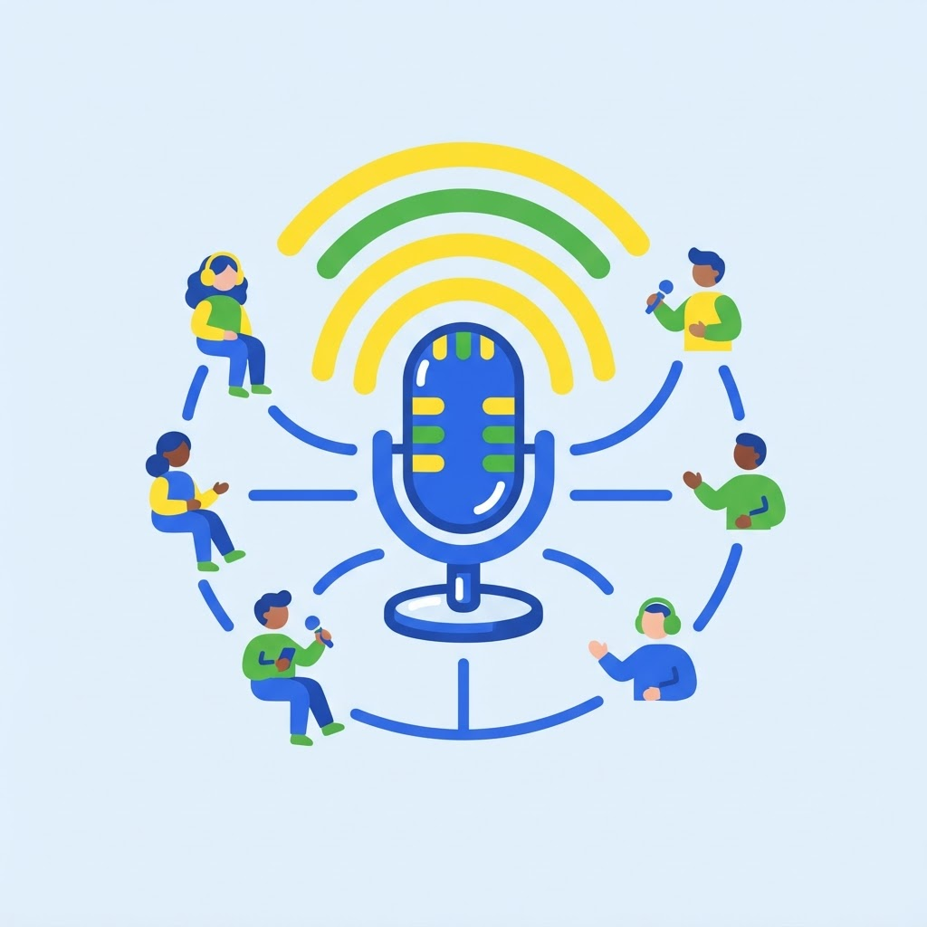 Ilustración de radio comunitaria con personas conectadas