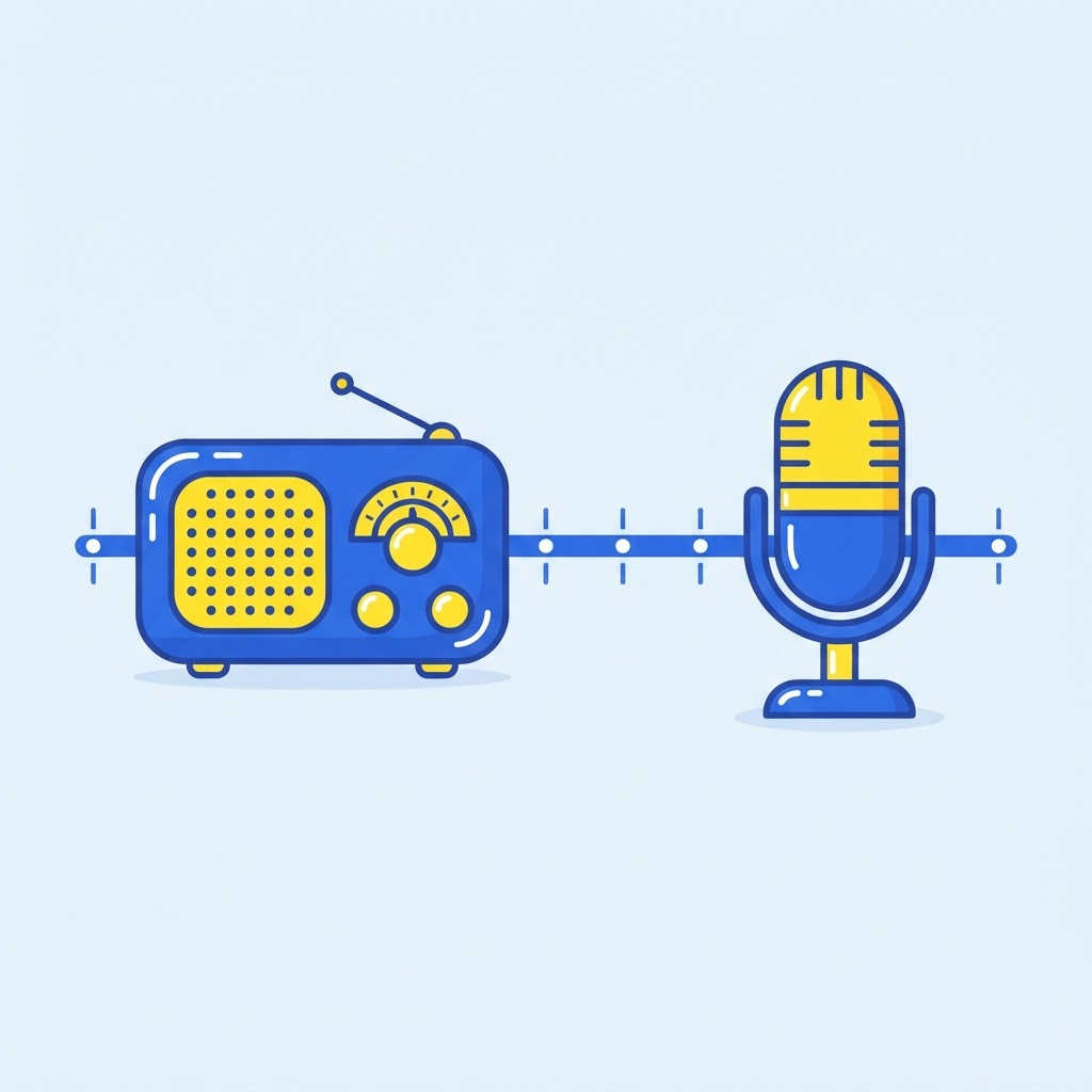 Ilustración de un radio clásico y un micrófono moderno unidos por una línea de tiempo