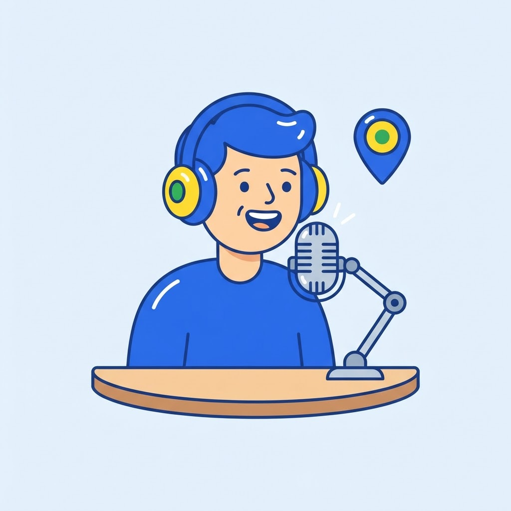 Ilustración de un locutor de radio hablando frente al micrófono