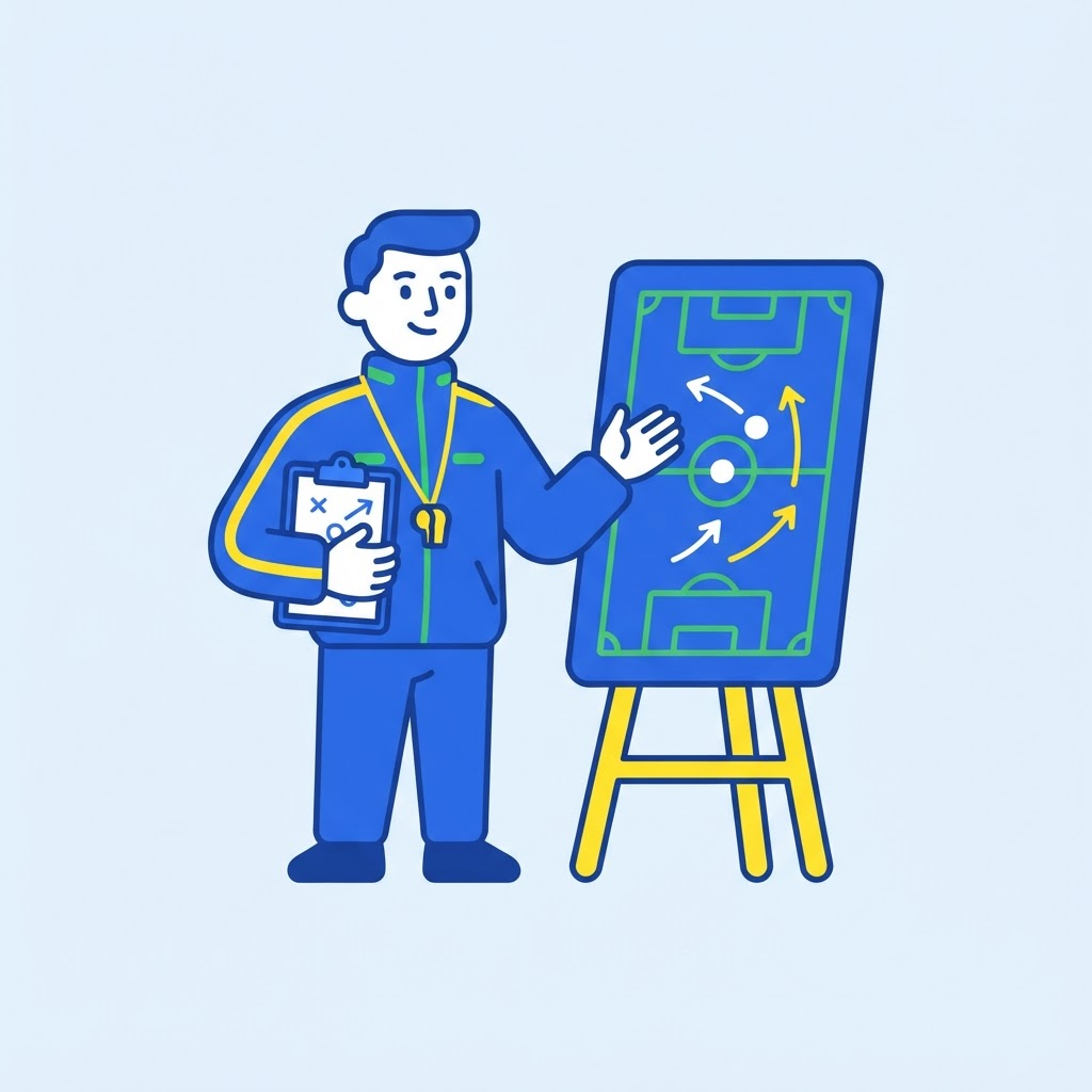 Ilustración de un entrenador con pizarra táctica y silbato