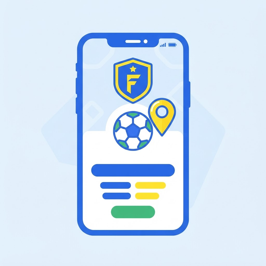 Ilustración de un teléfono mostrando el perfil de un equipo de fútbol con su escudo y un balón