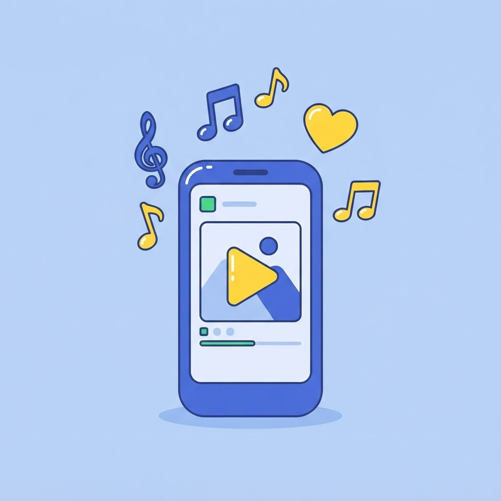 Ilustración de un teléfono con un botón de video y notas musicales